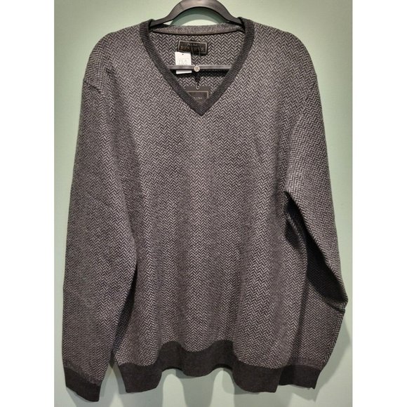 New Jos A Bank Reserve Wool Blend V Neck Sweater Sz L Gray Herringbone - Picture 1 of 5